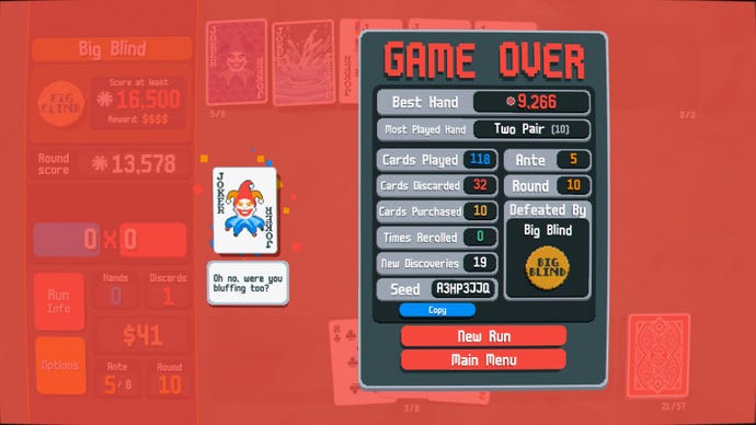 The game over screen in Balatro