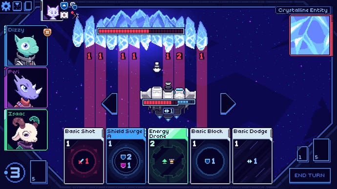 The player in Cobalt Core faces off against several rows of attacks from the Crystalline Entity boss.