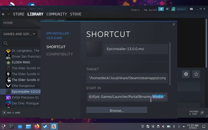 Step 13 of how to install the Epic Games Launcher on the Steam Deck: Closing the launcher, then going back into its Properties and replacing both instances of "Win32" with "Win64".