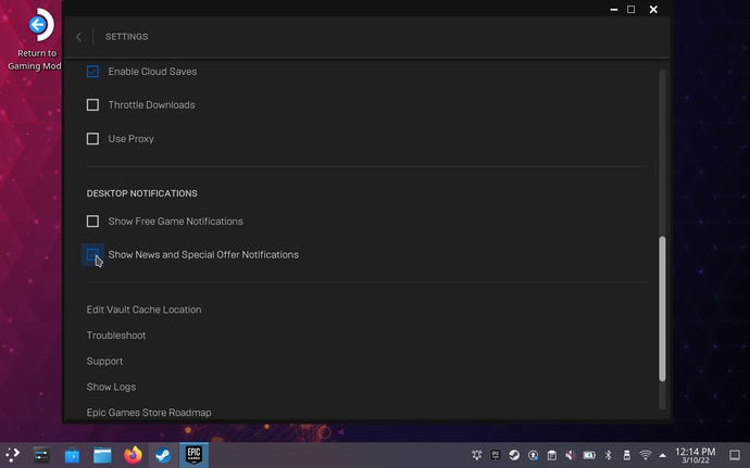 Step 17 of how to install the Epic Games Launcher on the Steam Deck: To prevent issues with pop-up notifcations, launch the Epic Games Launcher, enter its own settings menu and uncheck both Desktop notifications.