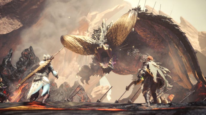 Warriors face a giant monster in Monster Hunter: World