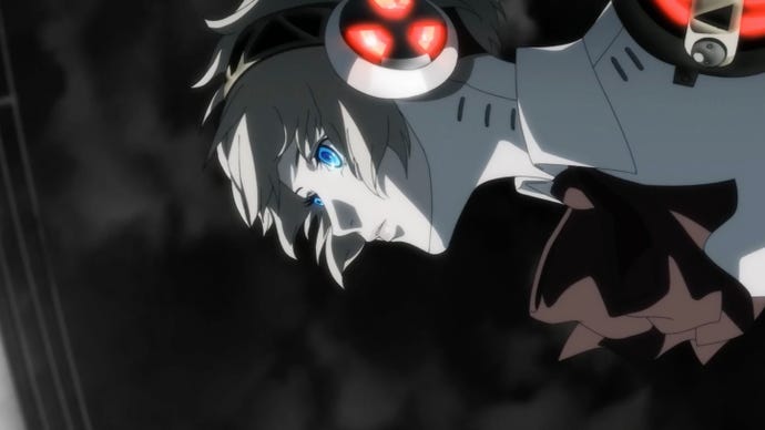 Anime cutscene showing a girl with headphones looking down in Persona 3 Reload