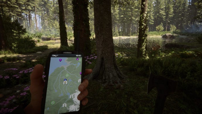 A player stares at their GPS in the woods in Sons Of The Forest.