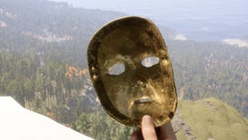 Sons Of The Forest player holds the Golden Mask on a snowy mountain overlooking the forest below.