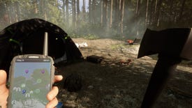 A player holding a GPS and the modern axe stares at a tent in Sons Of The Forest.