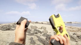 A player reloads the Stun Gun on a beach in Sons Of The Forest.